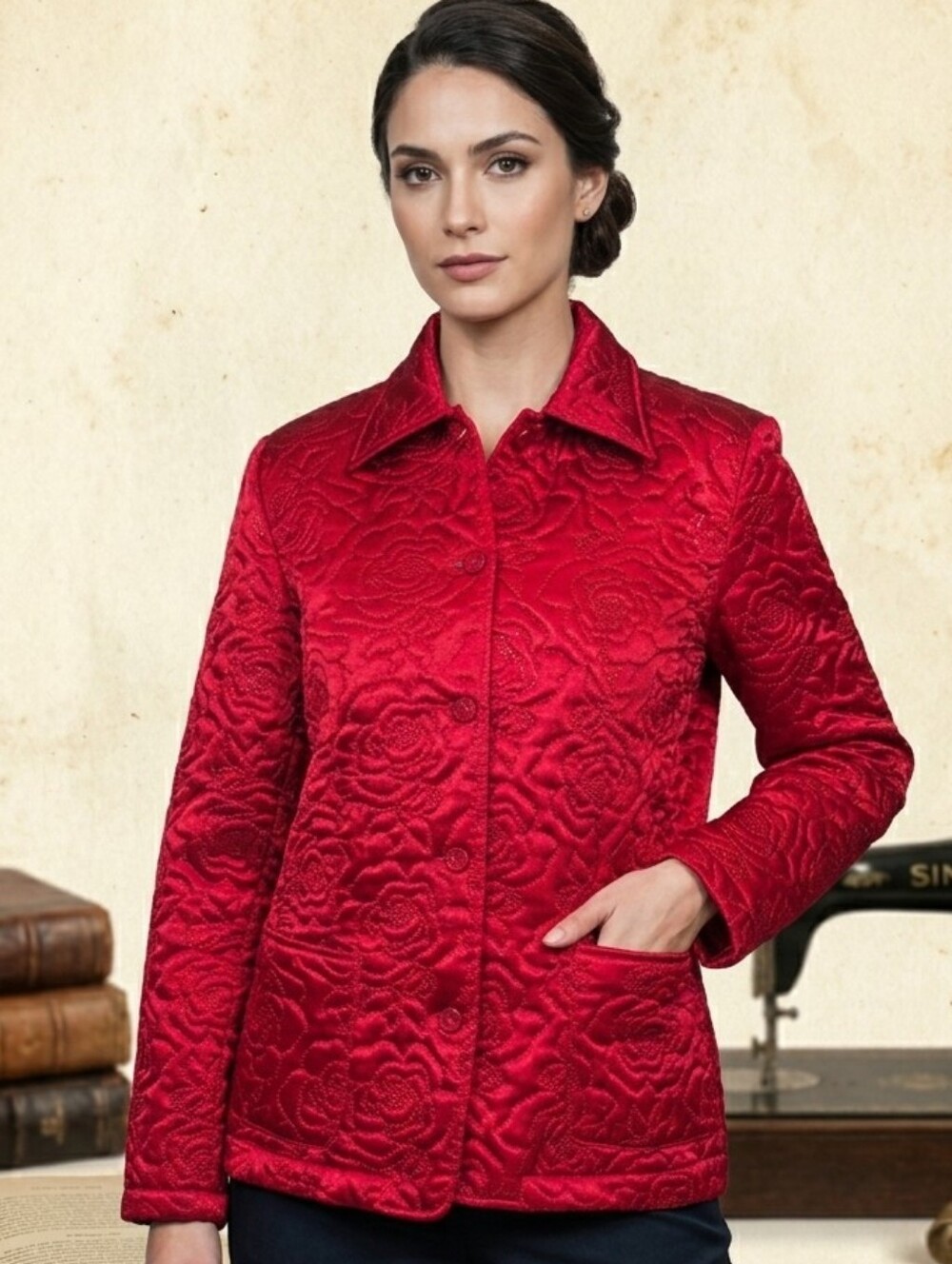 ​Vintage "Rafael" Red Quilted Rose Pattern Jacket - Size M (Made in Taiwan R.O.C